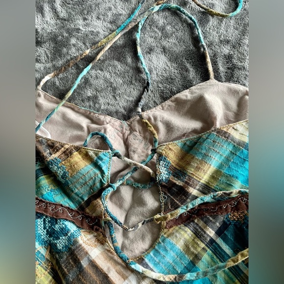 Strap back, mini cotton dress in blue and brown size M - Picture 2 of 6